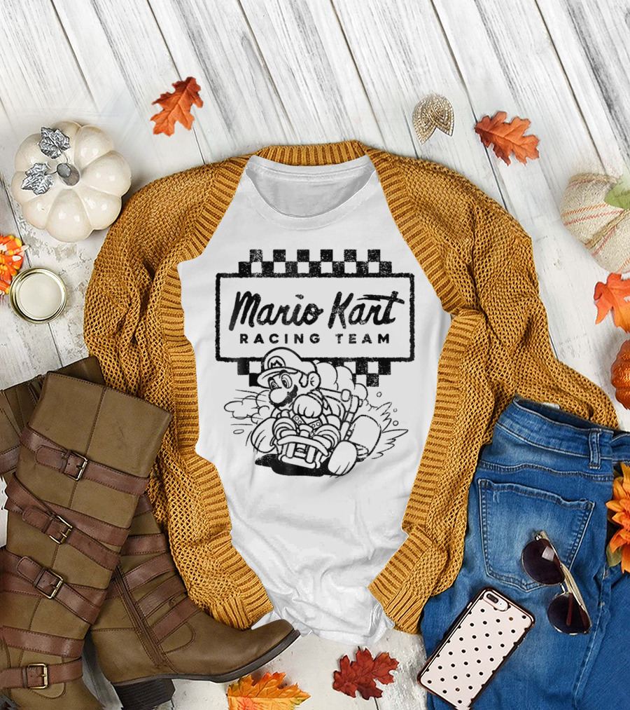 Mario Kart Racing Team Outlined Mario Drift Checkered Flag T-Shirt