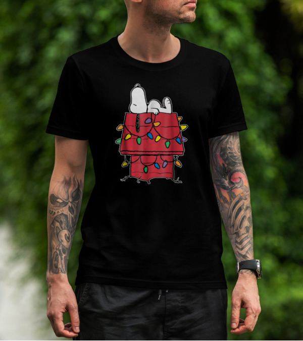 Snoopy Sleeping On Doghouse With Christmas Lights Peanuts Holiday Novelty T-Shirt