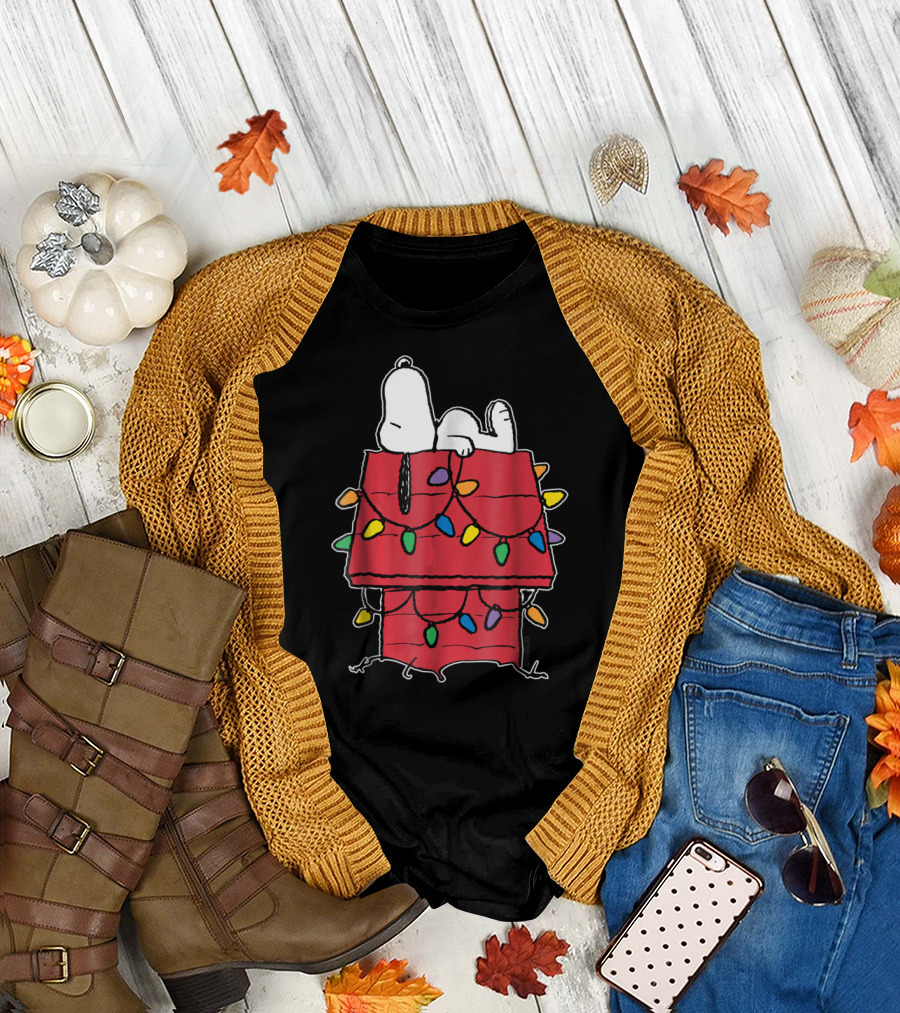 Snoopy Sleeping on Doghouse with Christmas Lights Peanuts Holiday Novelty T-Shirt