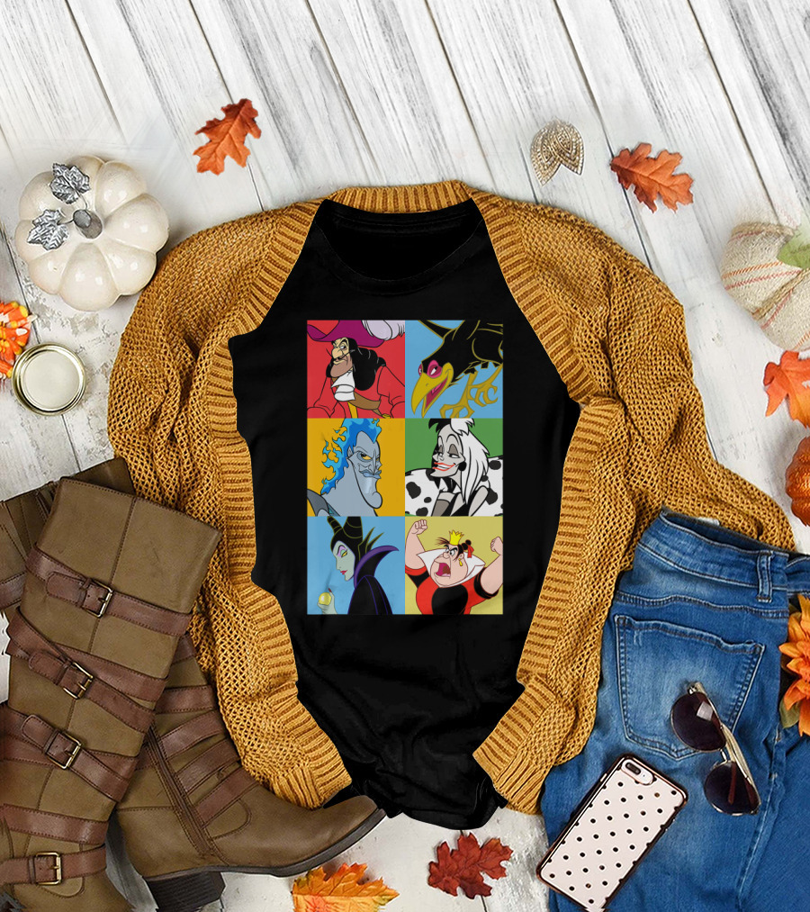 Disney Villains Captain Hook Cruella de Vil Maleficent Hades Queen of Hearts Diablo Crow T-Shirt