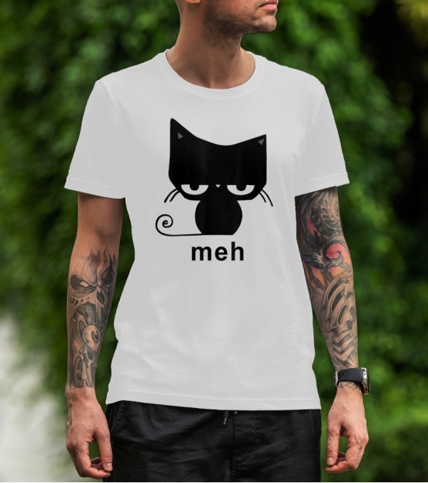 Meh Black Cat Funny For Cat Lovers Lazily Expressive Cat Enthusiast Humor T-Shirt