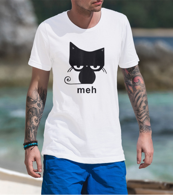 Meh Black Cat Funny For Cat Lovers Lazily Expressive Cat Enthusiast Humor T-Shirt
