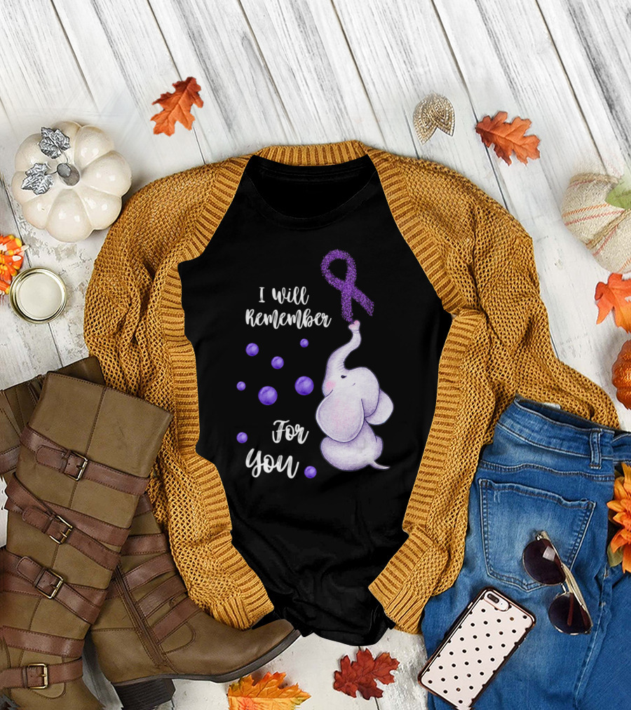 I Will Remember For You Elephant Purple Ribbon Alzheimer's Awareness T-Shirt