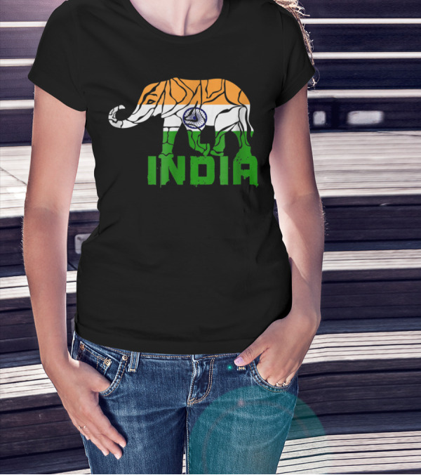India Elephant With National Flag Colors And India Text T-Shirt