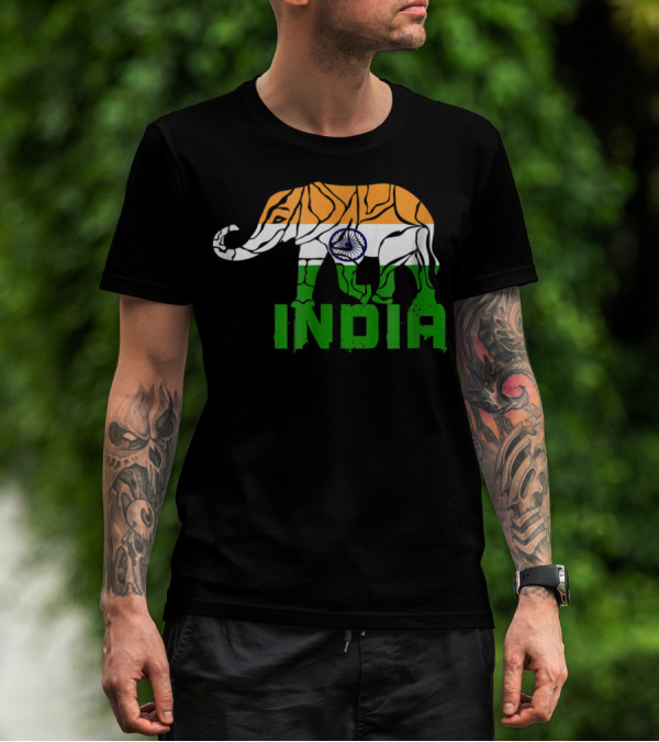 India Elephant With National Flag Colors And India Text T-Shirt