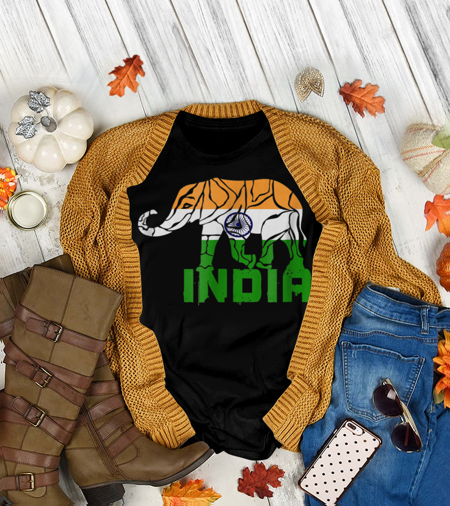 India Elephant with National Flag Colors and India Text T-Shirt