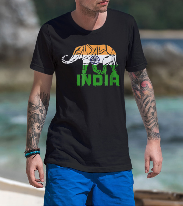 India Elephant With National Flag Colors And India Text T-Shirt