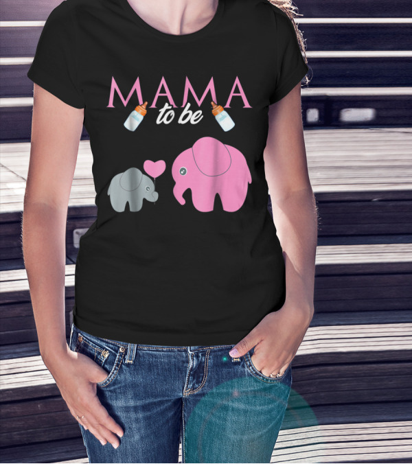 Mama To Be Pink Elephant Baby Shower With Milk Bottles And Heart Balloon T-Shirt