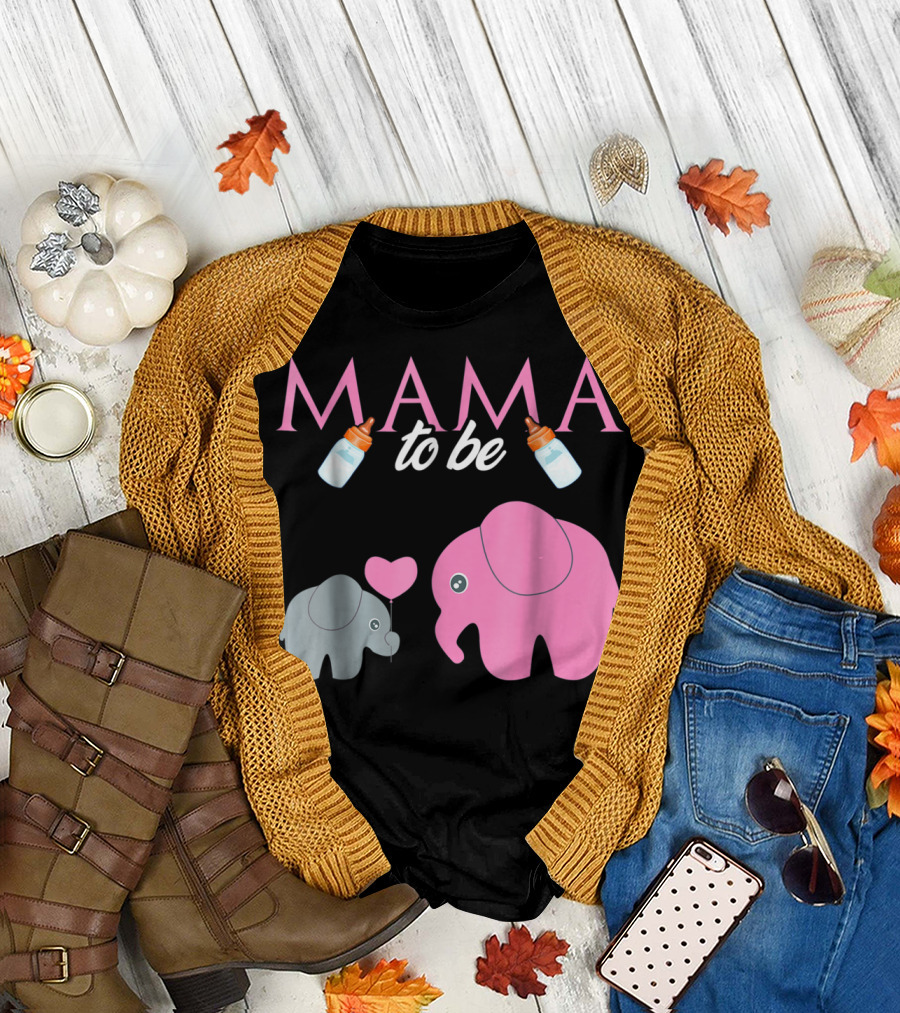 Mama to Be Pink Elephant Baby Shower with Milk Bottles and Heart Balloon T-Shirt