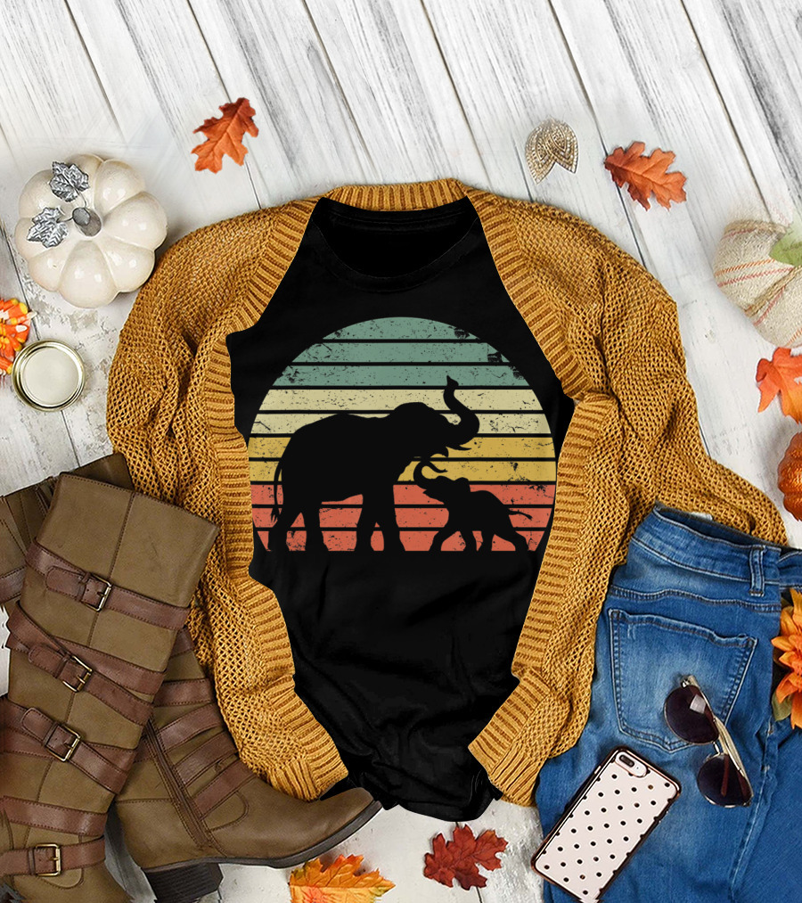 Vintage Elephant Silhouette Against Striped Sunset Colors T-Shirt