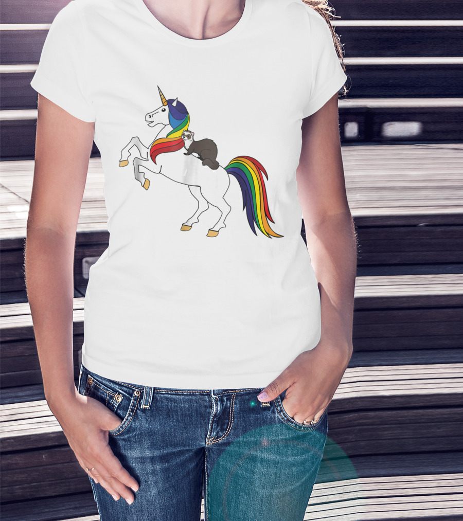 Ferret Riding Rainbow Unicorn T-Shirt