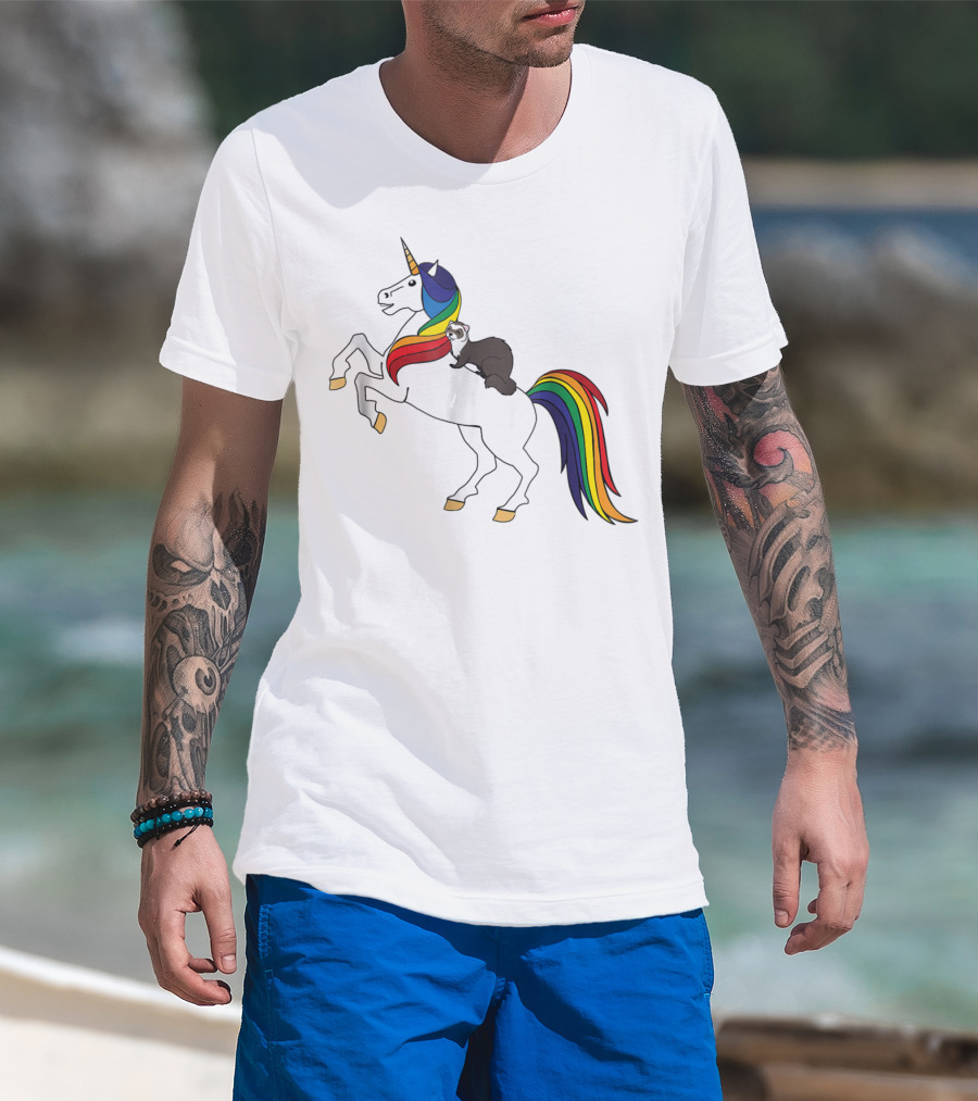 Ferret Riding Rainbow Unicorn T-Shirt