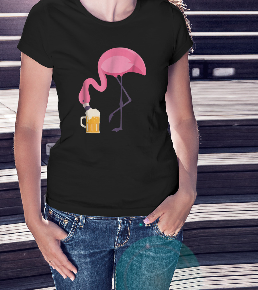Flamingo Drinking Beer Concept With Pink Bird And Pint Glass T-Shirt