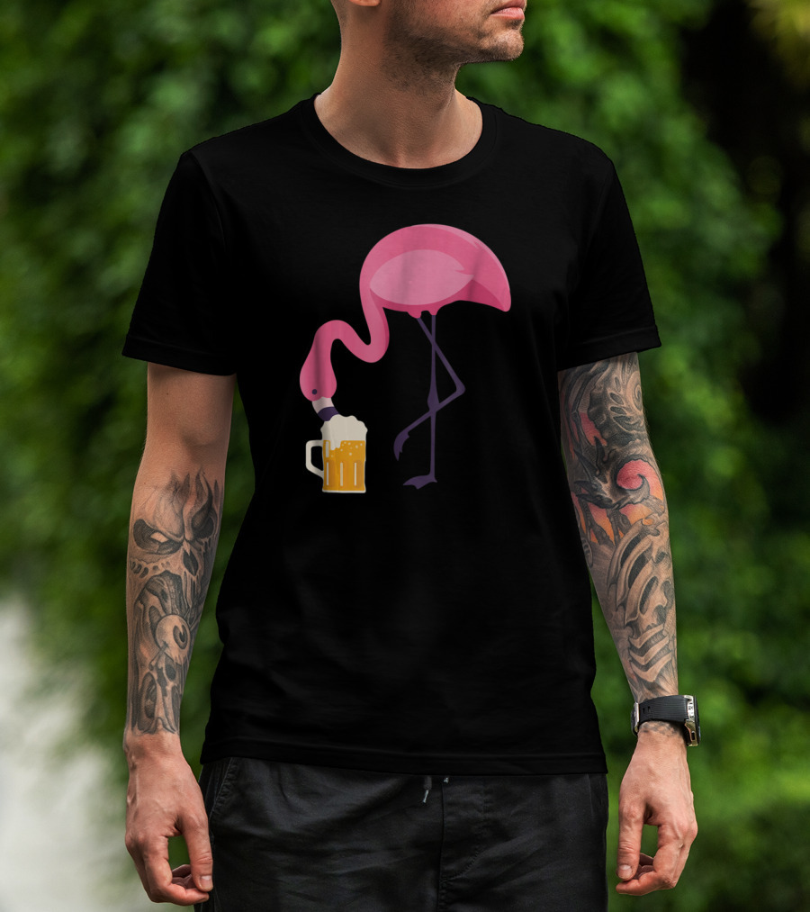 Flamingo Drinking Beer Concept With Pink Bird And Pint Glass T-Shirt
