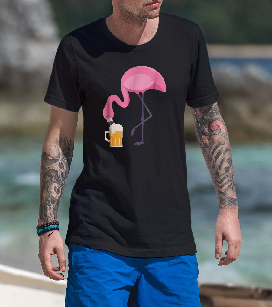 Flamingo Drinking Beer Concept With Pink Bird And Pint Glass T-Shirt