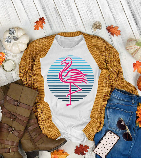Flamingo Bird 80s Party Retro Stripes Birthday T-Shirt
