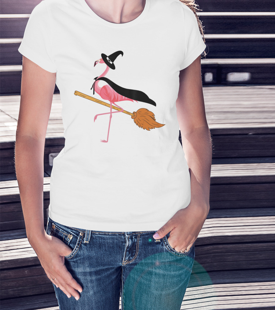 Funny Flamingo Witch Riding Broomstick T-Shirt