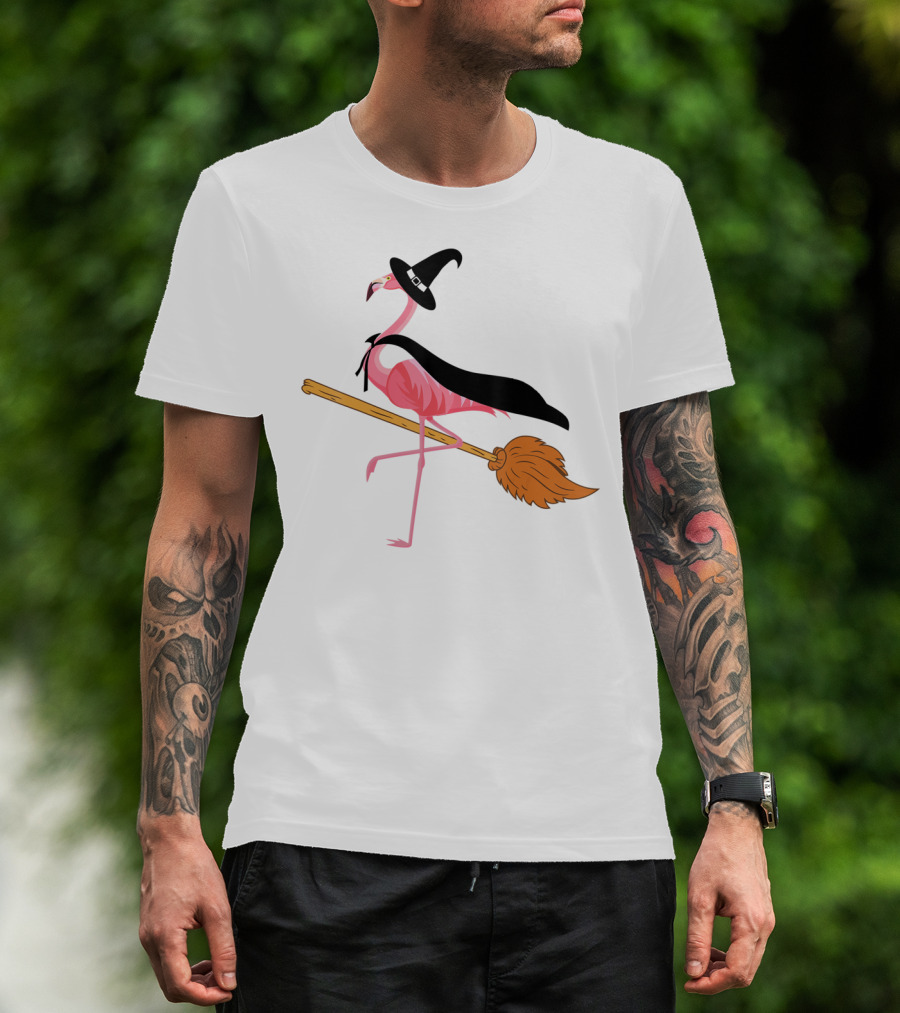 Funny Flamingo Witch Riding Broomstick T-Shirt