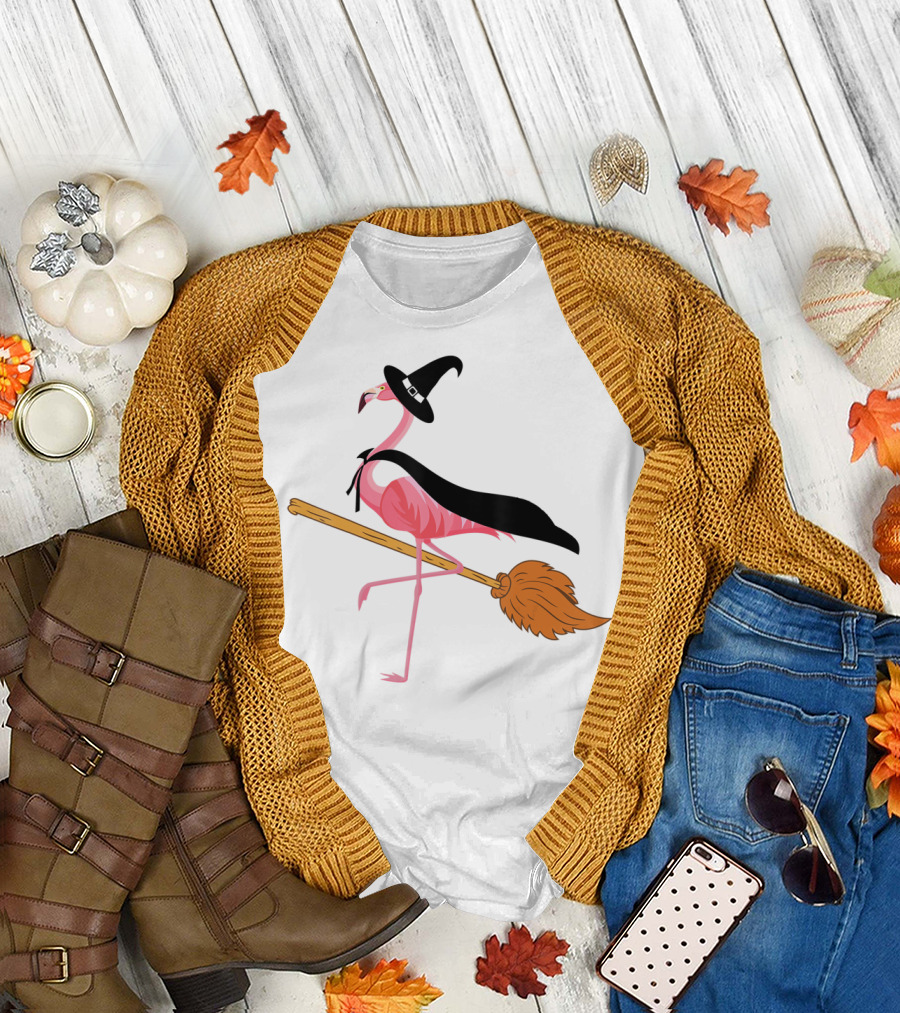 Funny Flamingo Witch Riding Broomstick T-Shirt
