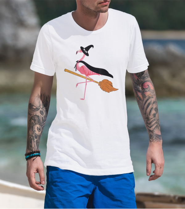 Funny Flamingo Witch Riding Broomstick T-Shirt