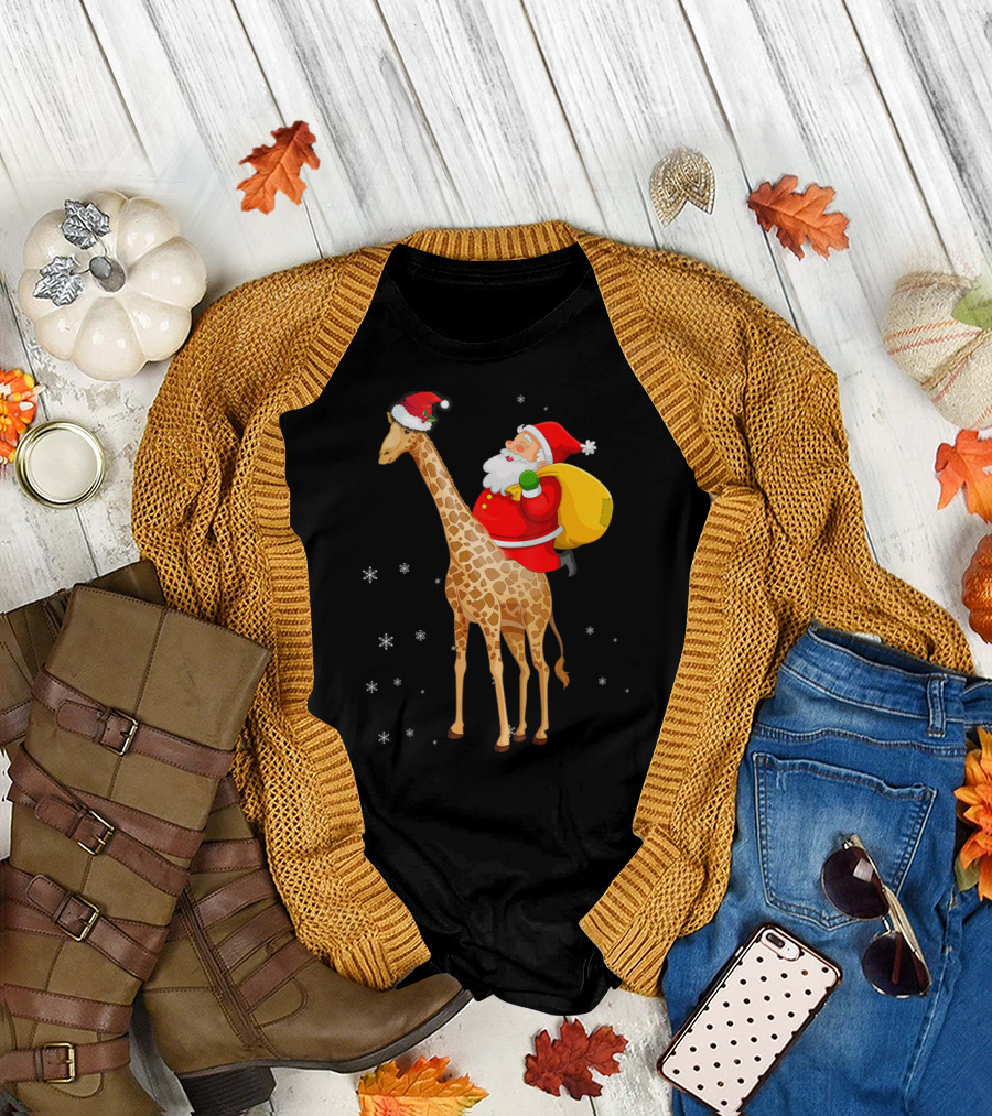 Santa Claus Riding a Giraffe with Snowflakes T-Shirt