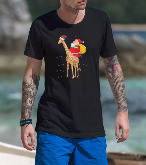 Santa Claus Riding A Giraffe With Snowflakes T-Shirt