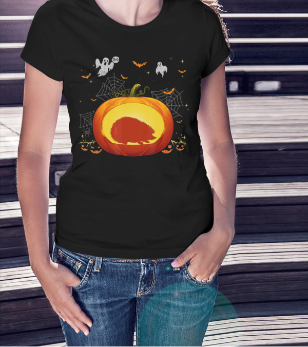Hedgehog Silhouette In Halloween Pumpkin With Ghosts And Spiderwebs T-Shirt