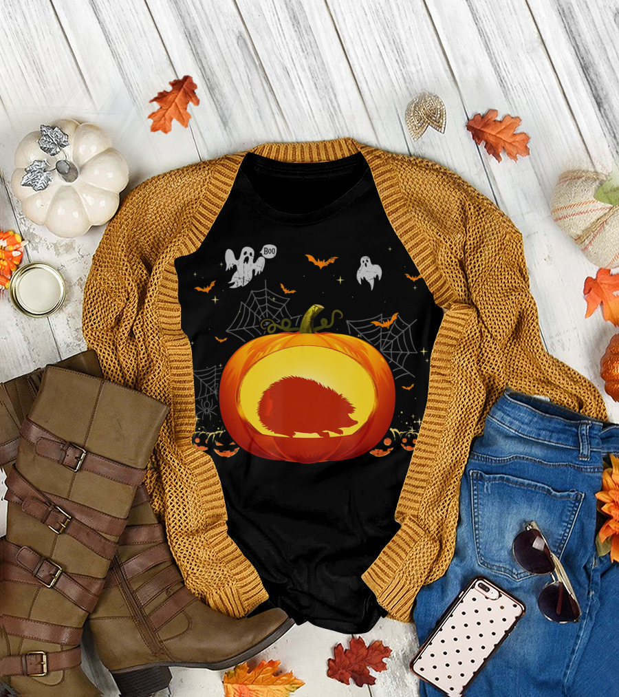 Hedgehog Silhouette in Halloween Pumpkin with Ghosts and Spiderwebs T-Shirt