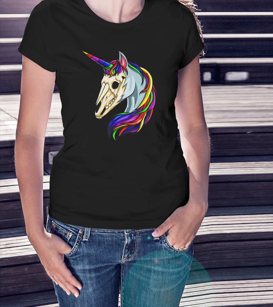 Halloween Unicorn Skeleton Horse Rainbow Head With Colorful Mane T-Shirt