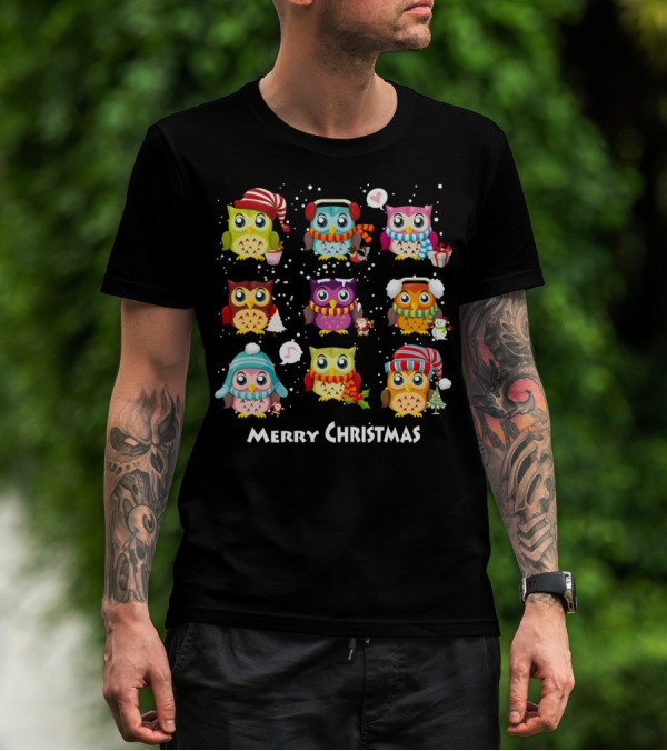 Merry Christmas Cute Owl Festive Holiday Scene T-Shirt