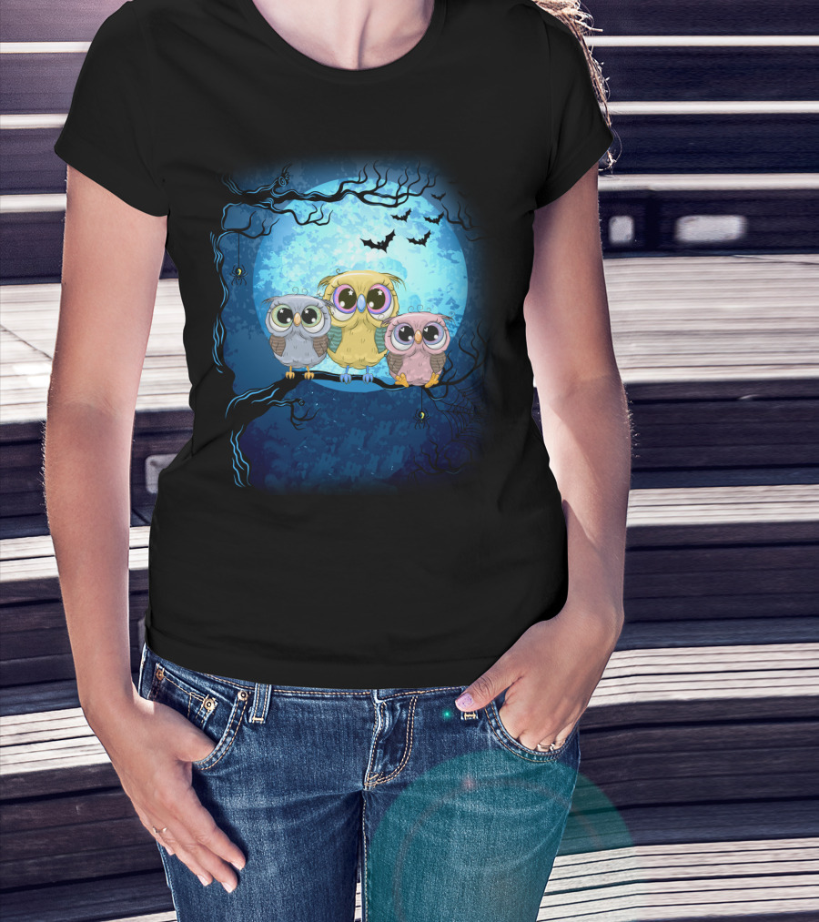 Night Family Owls Under Full Moon With Bats And Spiders T-Shirt