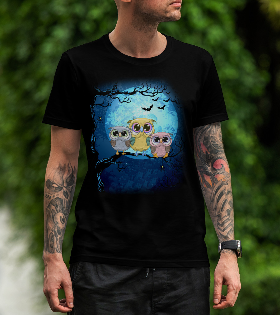Night Family Owls Under Full Moon With Bats And Spiders T-Shirt