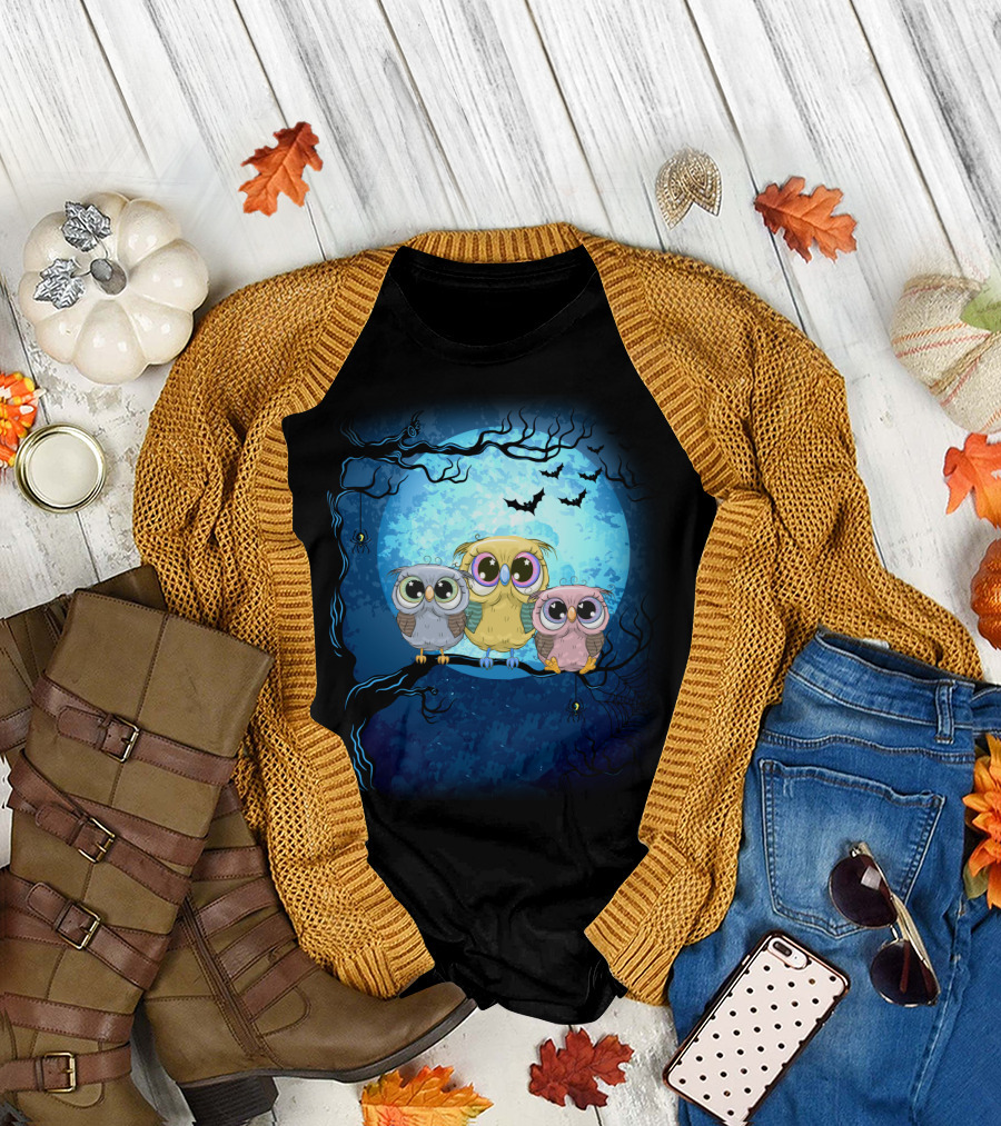 Night Family Owls Under Full Moon with Bats and Spiders T-Shirt