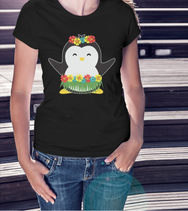Penguin With Hula Skirt And Hawaiian Flowers Luau Party T-Shirt