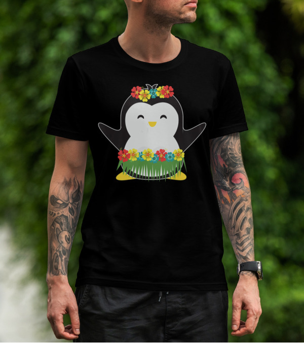 Penguin With Hula Skirt And Hawaiian Flowers Luau Party T-Shirt
