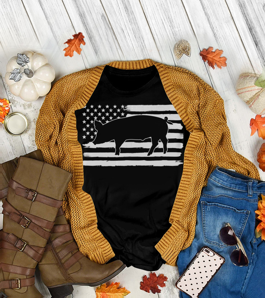 Pig Silhouette Over USA Flag 4th Of July America T-Shirt