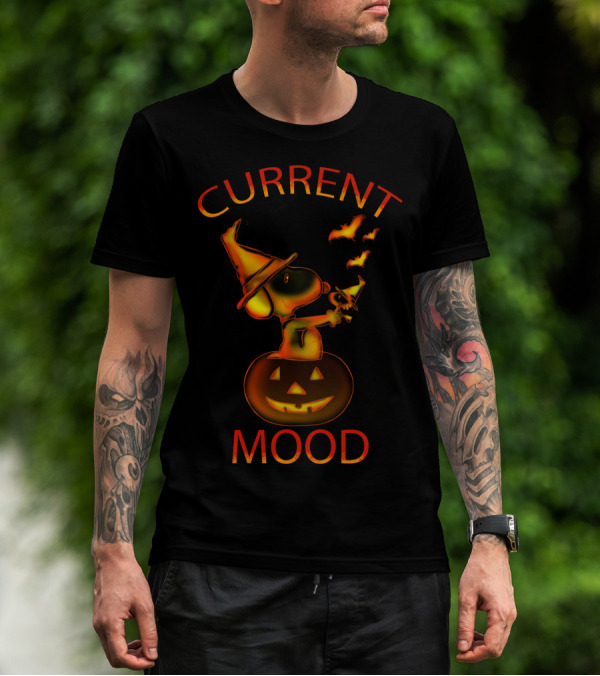 Current Mood Halloween Snoopy Wizard On Pumpkin With Bats From The Peanuts Movie T-Shirt