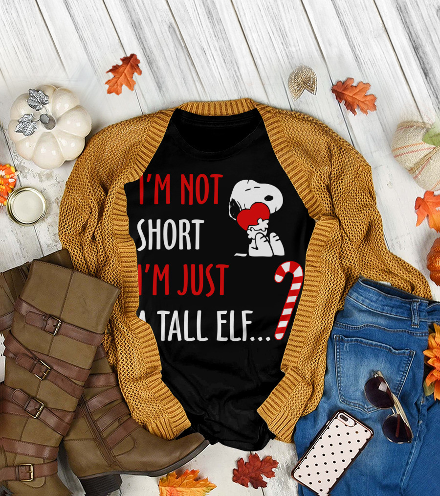 I'm Not Short I'm Just A Tall Elf Snoopy Candy Cane Hugging Heart T-Shirt
