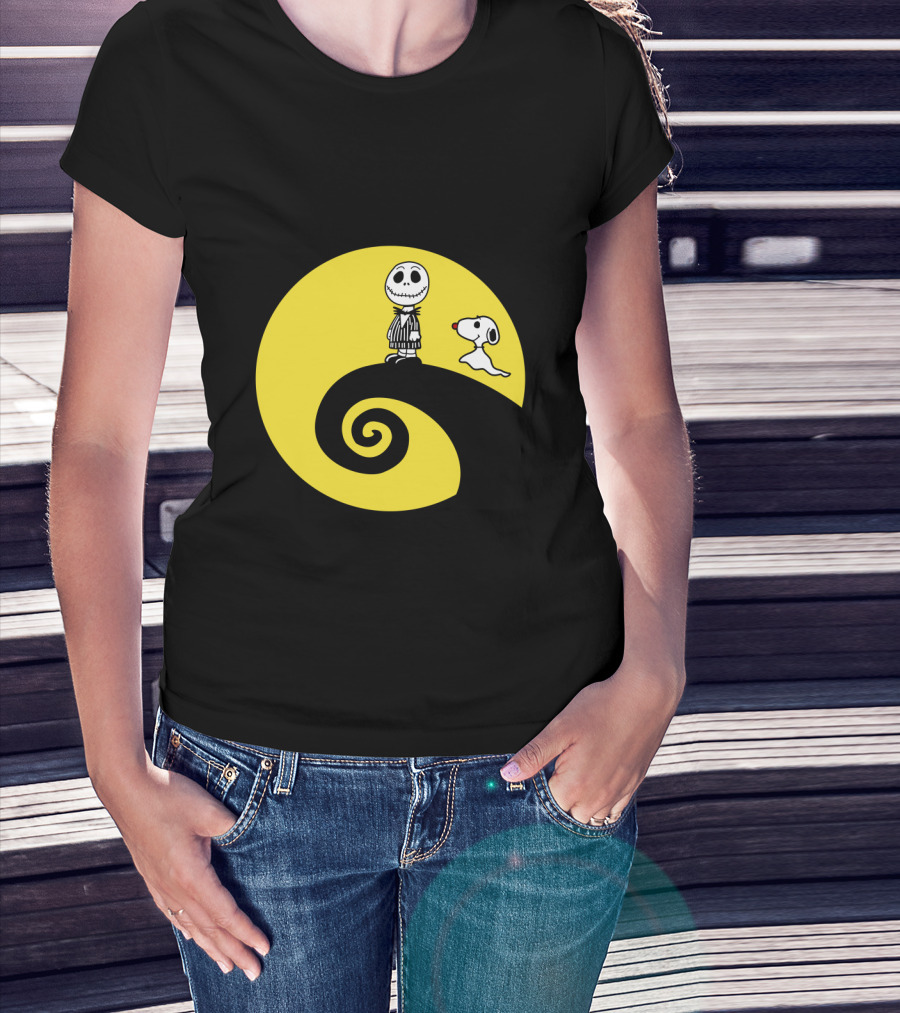 Jack Skellington And Snoopy Crossover In The Peanuts Movie Halloween Scene T-Shirt