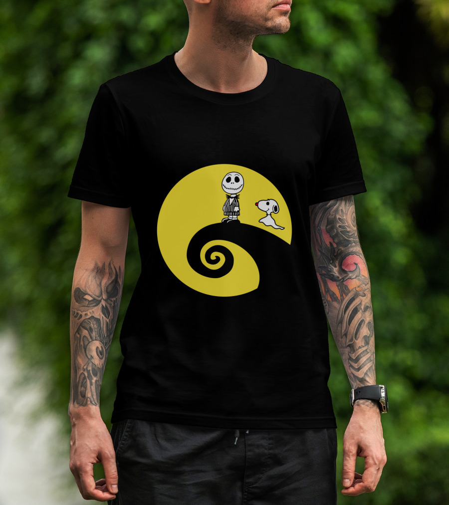 Jack Skellington And Snoopy Crossover In The Peanuts Movie Halloween Scene T-Shirt