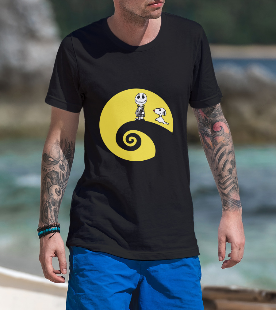 Jack Skellington And Snoopy Crossover In The Peanuts Movie Halloween Scene T-Shirt
