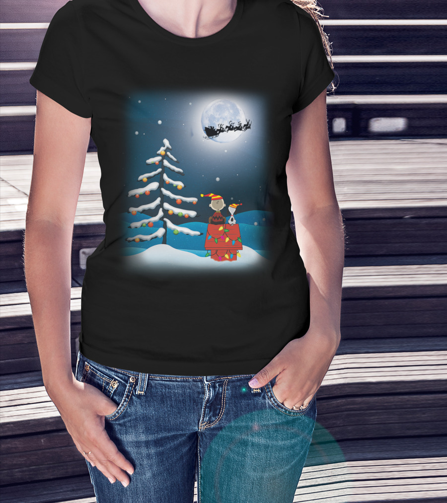 Noel Night Snoopy Peanuts Movie Christmas Scene Santa Sleigh Winter Tree With Lights T-Shirt