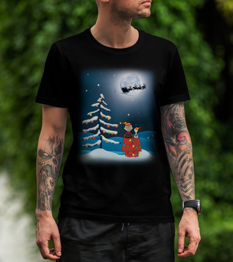 Noel Night Snoopy Peanuts Movie Christmas Scene Santa Sleigh Winter Tree With Lights T-Shirt