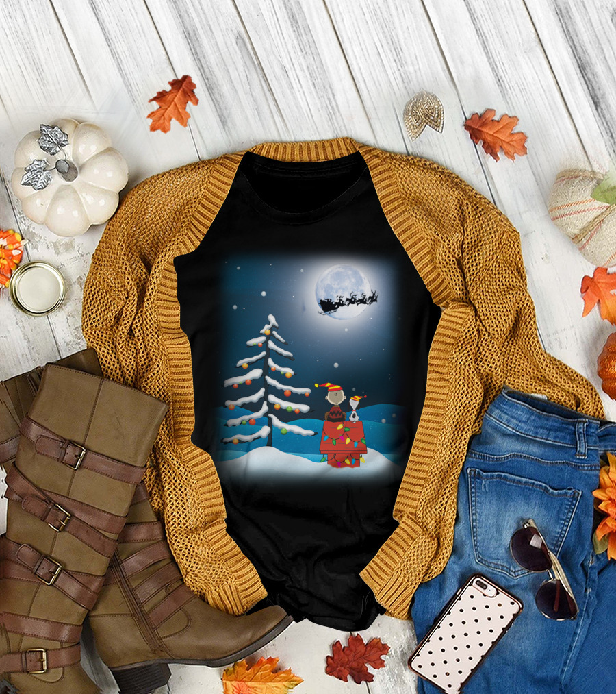 Noel Night Snoopy Peanuts Movie Christmas Scene Santa Sleigh Winter Tree with Lights T-Shirt