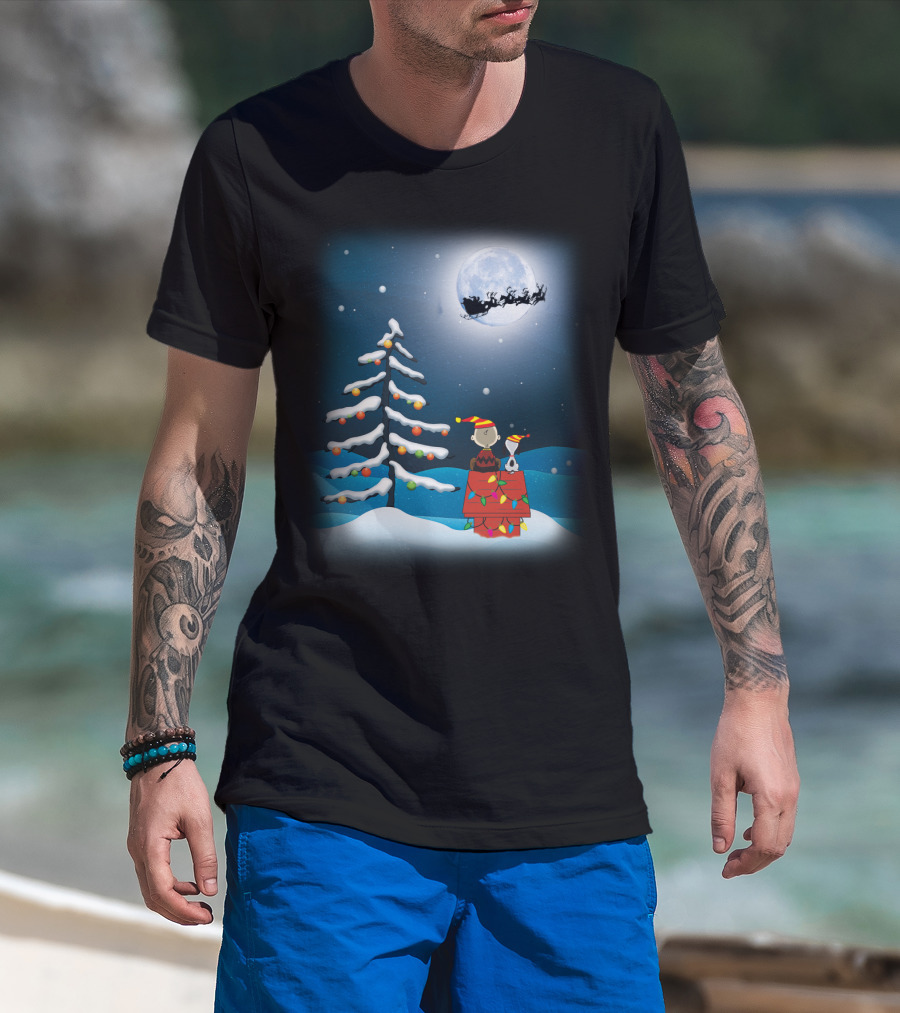 Noel Night Snoopy Peanuts Movie Christmas Scene Santa Sleigh Winter Tree With Lights T-Shirt