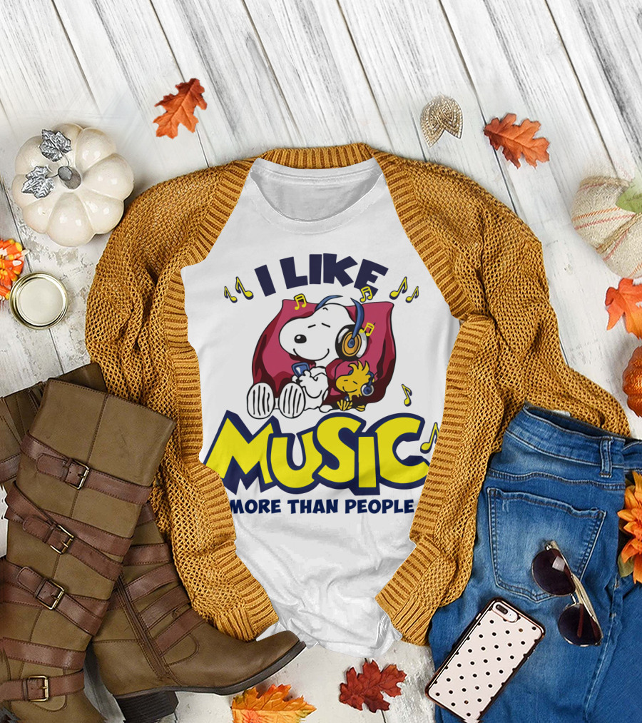 I Like Music More Than People Snoopy Listening with Headphones Peanuts Movie T-Shirt