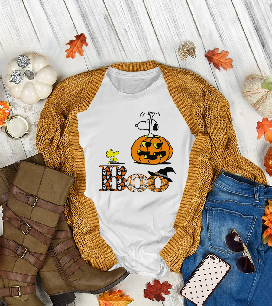 Pumpkin Boo Halloween Snoopy Woodstock The Peanuts Movie T-Shirt