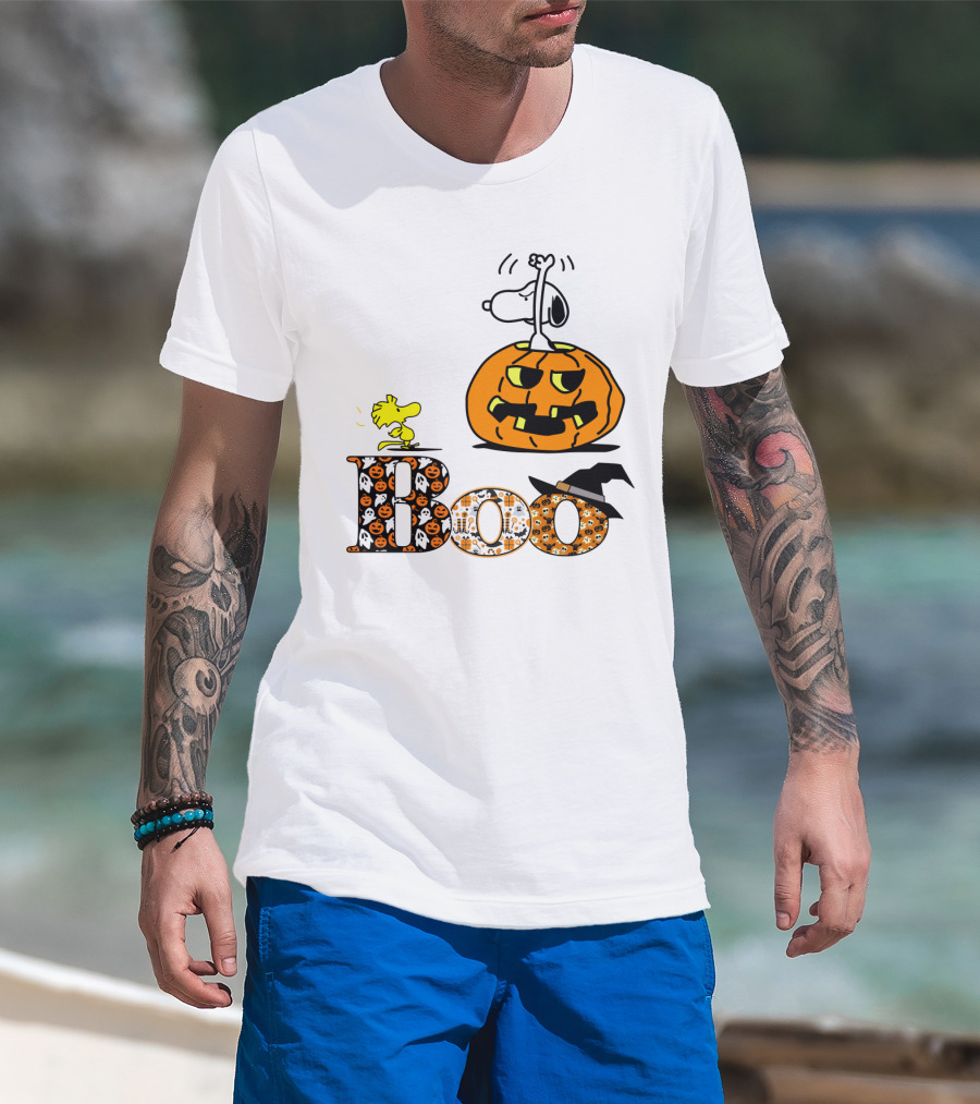 Pumpkin Boo Halloween Snoopy Woodstock The Peanuts Movie T-Shirt