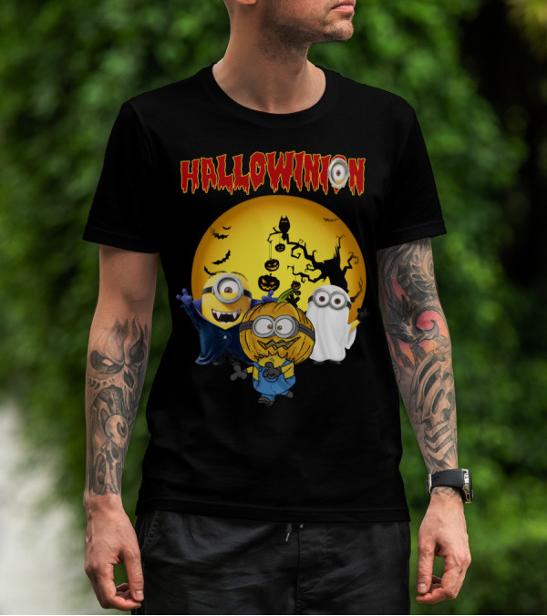 Hallowinion Halloween Minions Despicable Me Moon Bats Pumpkins Ghost Costume T-Shirt