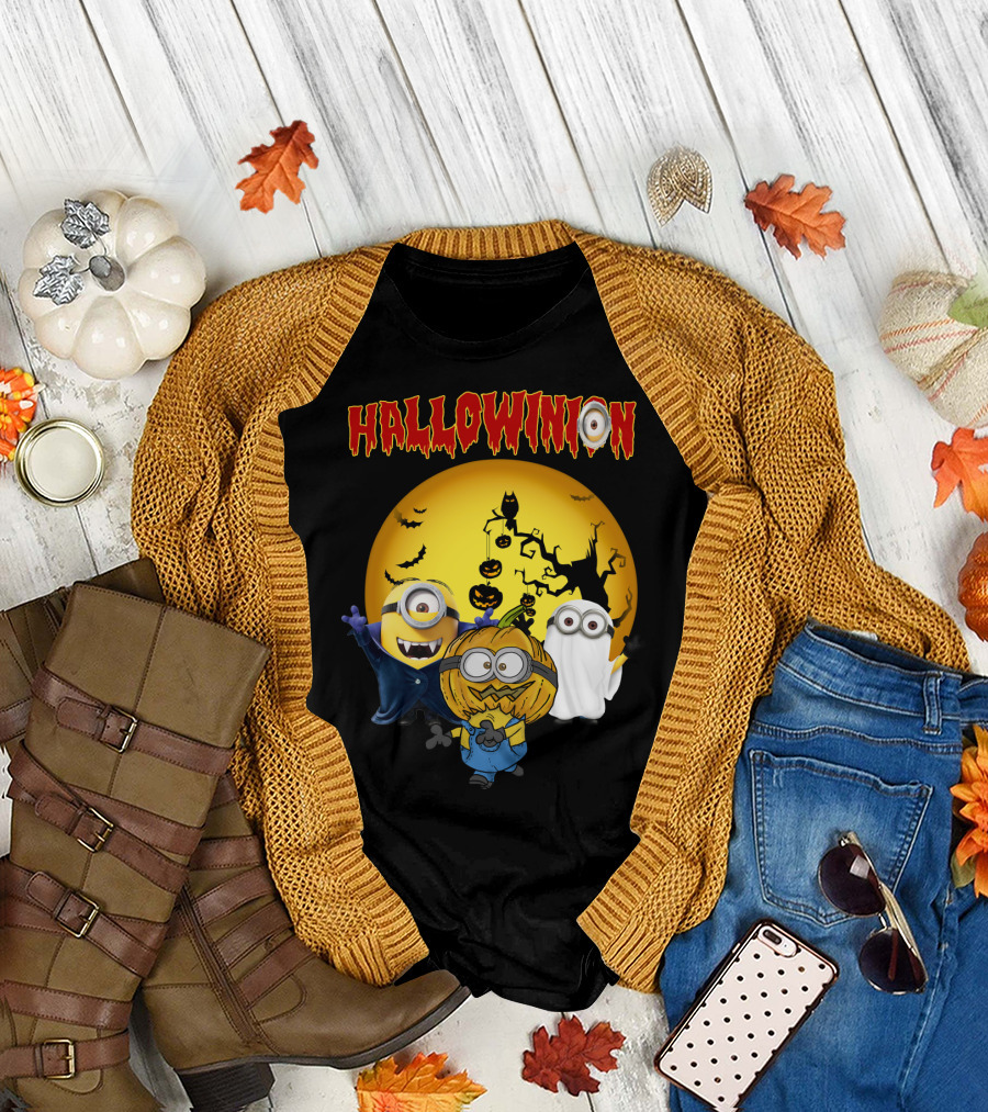 Hallowinion Halloween Minions Despicable Me Moon Bats Pumpkins Ghost Costume T-Shirt